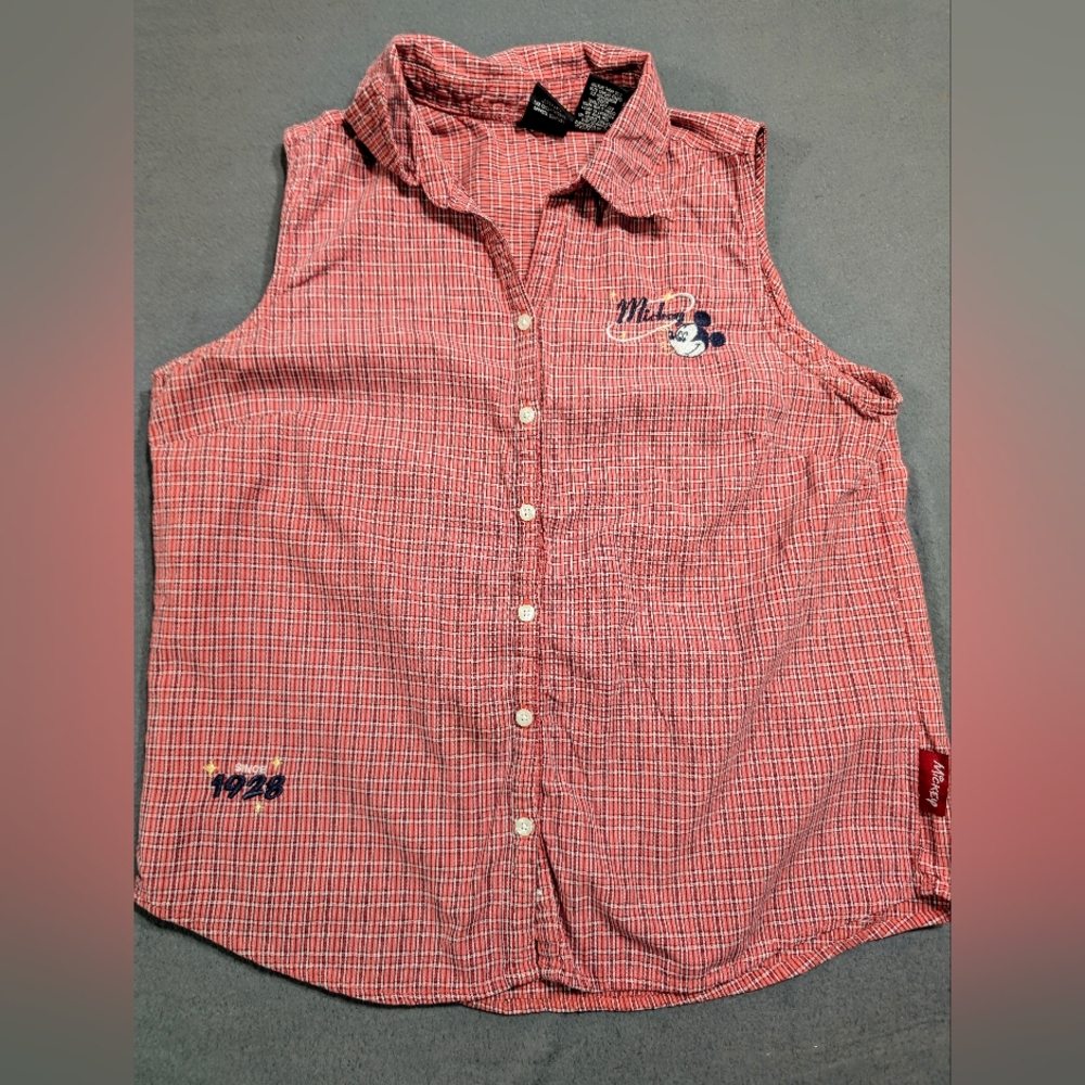 Disney Mickey Mouse sleeveless shirt tank top red plaid 100% cotton - Picture 1 of 5